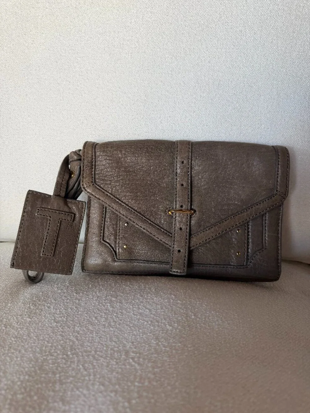 Tory Burch Taupe Gray Pebbled Leather Envelope Wristlet Clutch